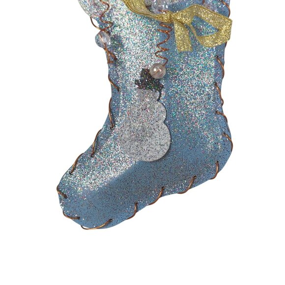 Handmade Blue White 2 Glitter Ornaments Christmas Stocking Metal 5.5" Snowman - Picture 5 of 9
